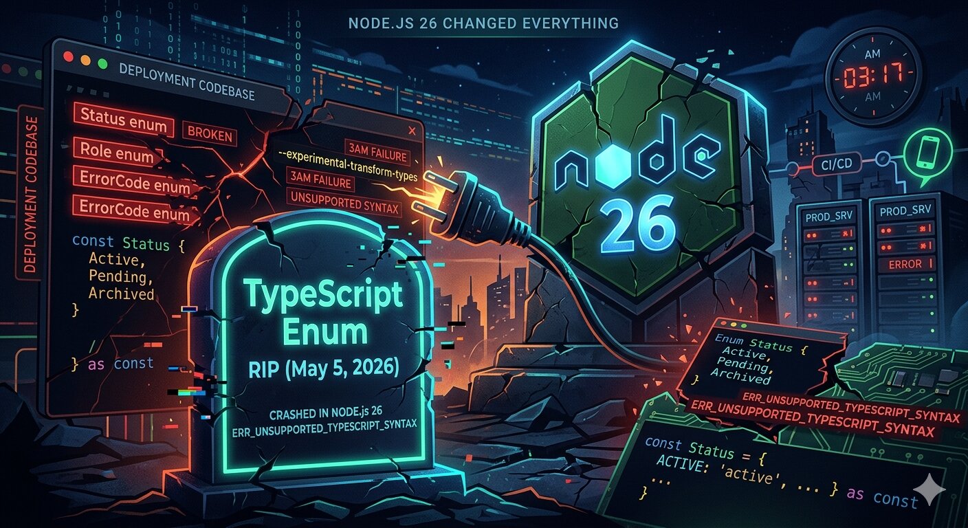 Node.js 26 release notes highlighting the removal of the experimental-transform-types flag and its impact on TypeScript enum support.