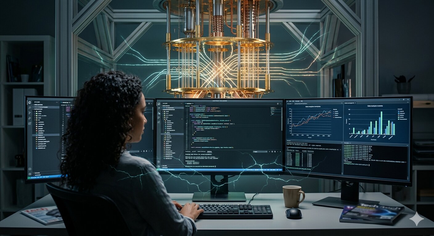Quantum computing illustration connecting to JavaScript development, web security, cryptography, and the future of frontend and backend engineering jobs