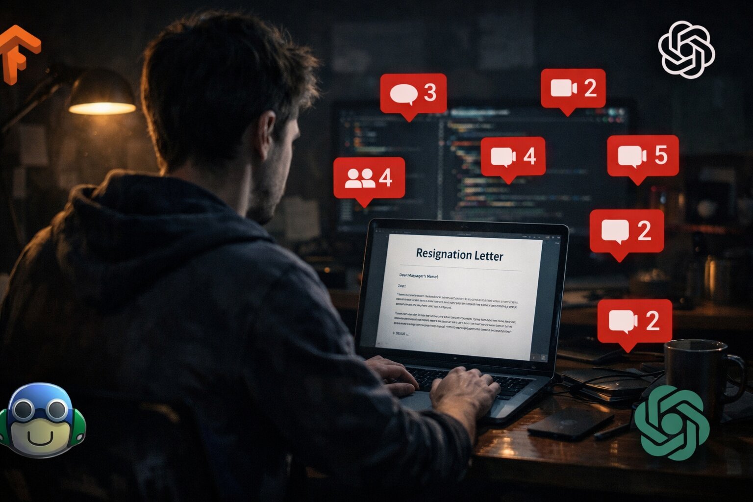 JavaScript developer sitting at a desk in 2026 looking at a laptop screen with a resignation letter open, surrounded by meeting notification badges and AI tool icons, representing the multiple reasons developers quit their jobs